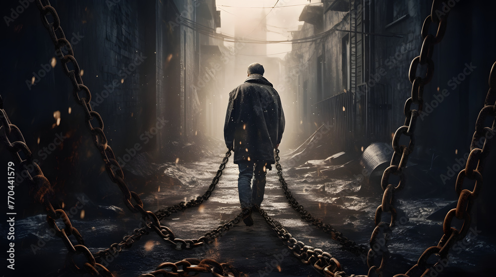 a man is walking and climbing a chain a man is walking and climbing a chain