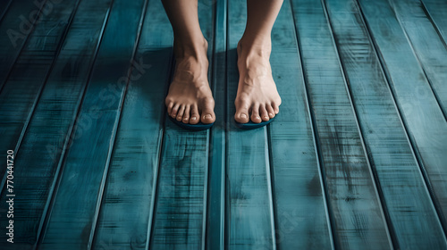 woman's feet with white nail polish on her toes, standing barefoot in the middle of an old blue wooden floor