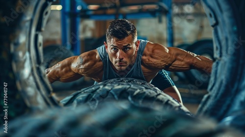 functional training, man, tire flip, gym, strength, intense workout, muscular, focus, fitness, endurance, tank top, effort, determination, exercise, heavy lifting, crossfit, sweat, personal challenge