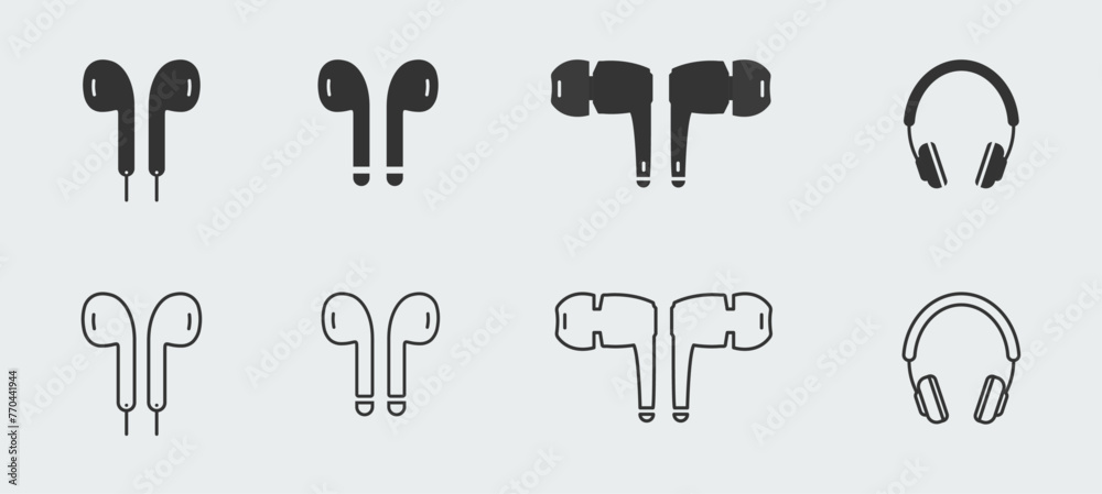 Earphone headset earpiece ear muffs earbud airpod icon set. Earphone headset earpiece ear muffs earbud airpod icon set.