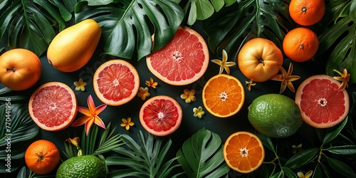 An organic and juicy tropical arrangement of grapefruit  oranges  and citrus amidst lush leaves.