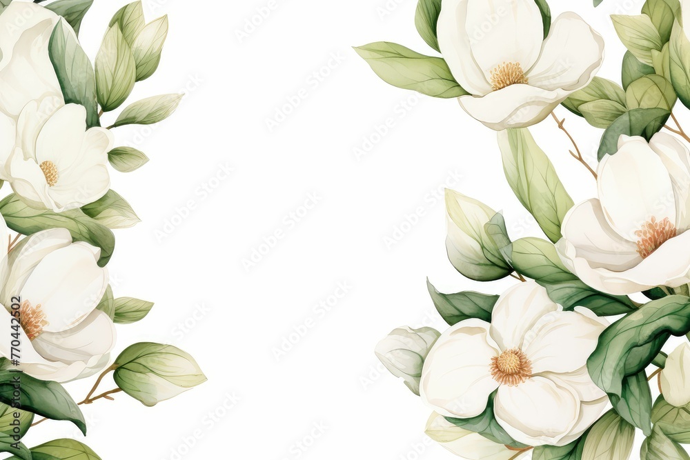 watercolor of magnolia clipart with large white petals and green leaves flowers frame, botanical border, Botanical herbal watercolor illustration for wedding, greeting card, wallpaper, wrapping paper 