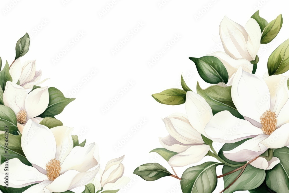 watercolor of magnolia clipart with large white petals and green leaves flowers frame, botanical border, Botanical herbal watercolor illustration for wedding, greeting card, wallpaper, wrapping paper 
