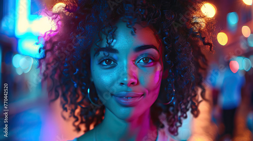 Portrait photography, close-up, modern, macro, isolated, attractive black woman smiling on a busy city street with iridescent neon lights during a street party © Goodwave Studio