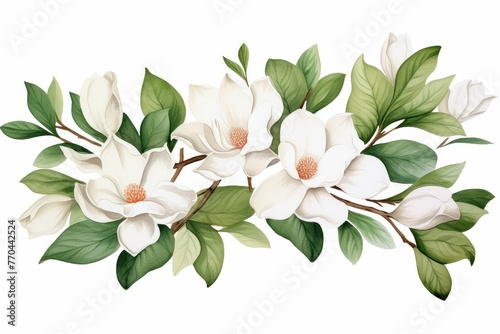 watercolor of magnolia clipart with large white petals and green leaves flowers frame, botanical border, Botanical herbal watercolor illustration for wedding, greeting card, wallpaper, wrapping paper  photo
