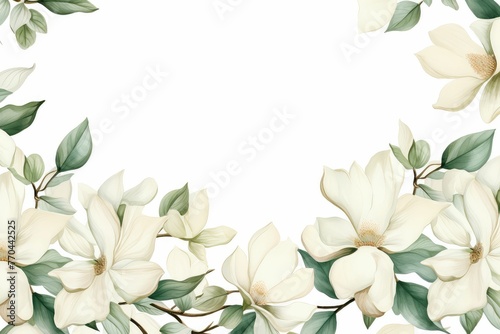 watercolor of magnolia clipart with large white petals and green leaves flowers frame, botanical border, Botanical herbal watercolor illustration for wedding, greeting card, wallpaper, wrapping paper  © JR BEE