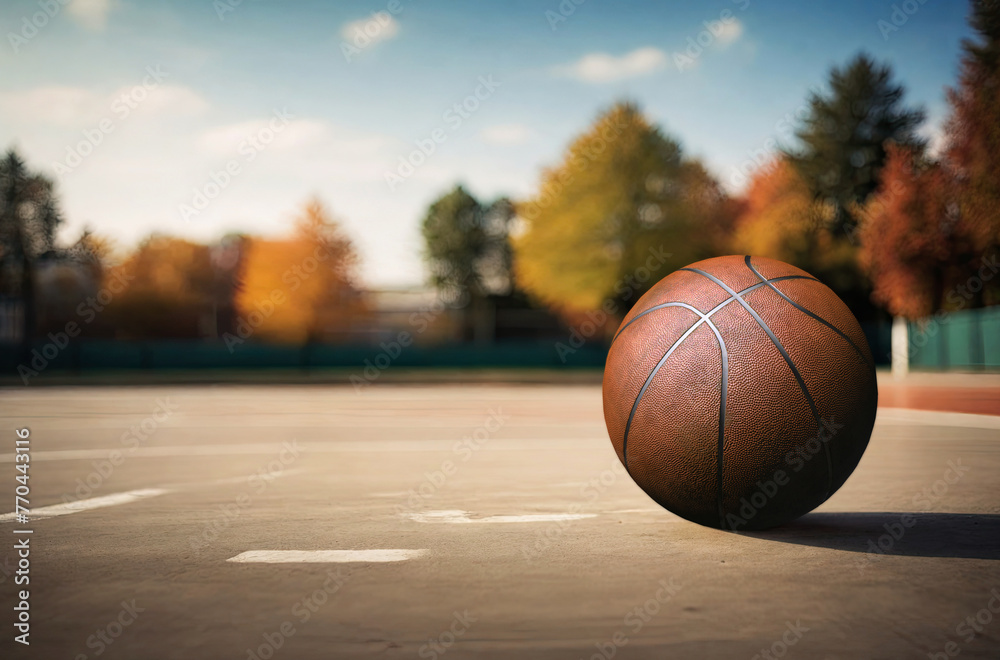Basket ball on outdoor court at sunset Basket ball on outdoor court at sunset