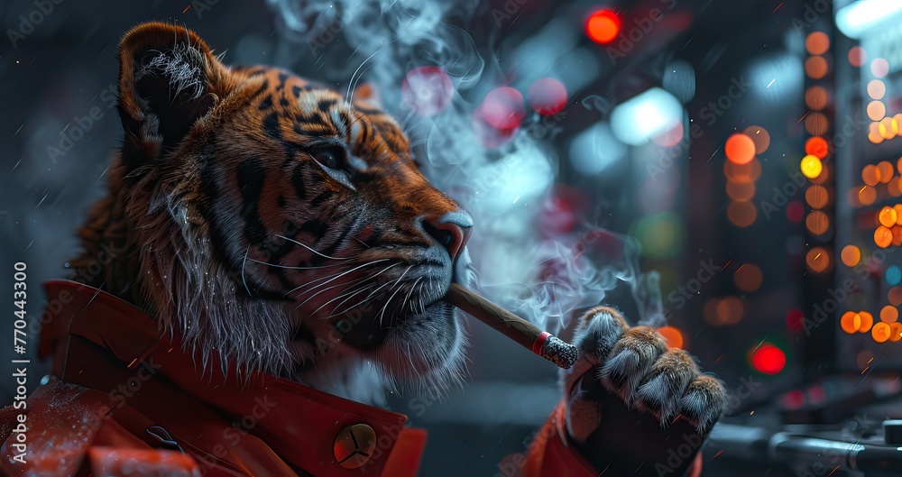 portrait of a tiger in mafia gear cigar in mouth - obrazy, fototapety, plakaty 