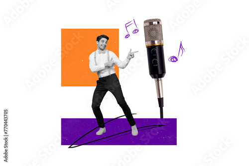 Creative photo collage young funky man showing gesture finger microphone karaoke bar singer microphone audio music entertainment party photo