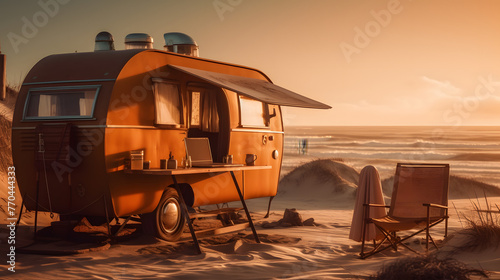 camper home with notebook on the beach view