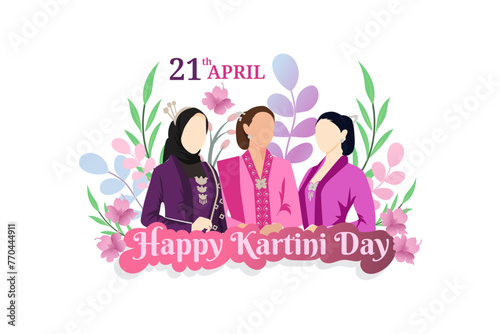 Selamat Hari Kartini Means Happy Kartini Day. Kartini is Indonesian Female Hero. javanese woman figure wearing kebaya traditional dress .Vector Illustration