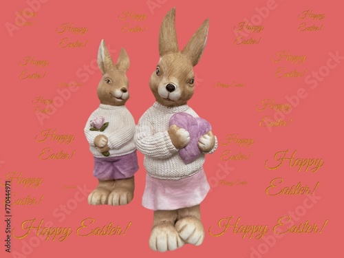 two stone figurines of bunnies with flowers and a heart on a pink background © lisica1