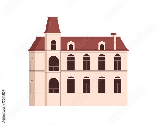 Old house building. European city construction with windows, facade, exterior, front view. Historic mansion architecture, low-rise real estate. Flat vector illustration isolated on white background