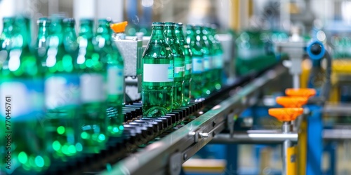 Bottles of green soda are being made on a conveyor belt