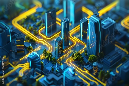 Futuristic Isometric Cityscape with Interconnected Infrastructure and Technological Pathways