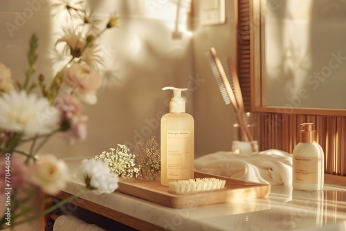 Soothing Bathroom Essentials Wooden Tray with Hand Wash Hairbrushes and Fresh Flowers in Warm Serene Setting