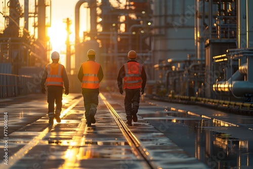 Three Workers Wearing Safety Gear Approaching an Oil and Gas Refinery in Dramatic Daylight Lighting