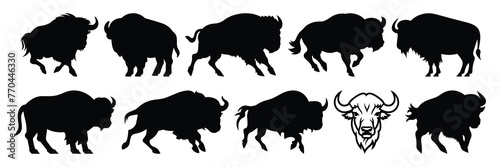 Bison buffalo silhouettes set, large pack of vector silhouette design, isolated white background