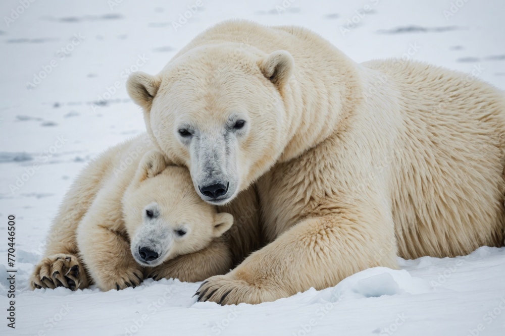 Polar bears (Ursus maritimus), polar bear mother and young sleeping in the snow Polar bears (Ursus maritimus), polar bear mother and young sleeping in the snow