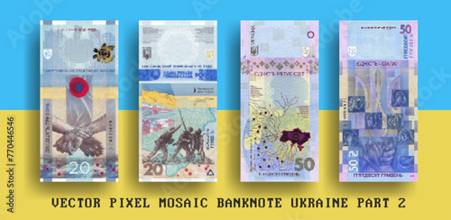 Vector set pixel mosaic banknotes of Ukraine. Collection notes in denominations of 20 and 50 hryvnia. Obverse and reverse. Play money or flyers. Part 2