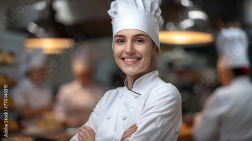 A happy smiling female chef in the background of the restaurant kitchen. Bakery  Pastry shop  cafe  food concepts.