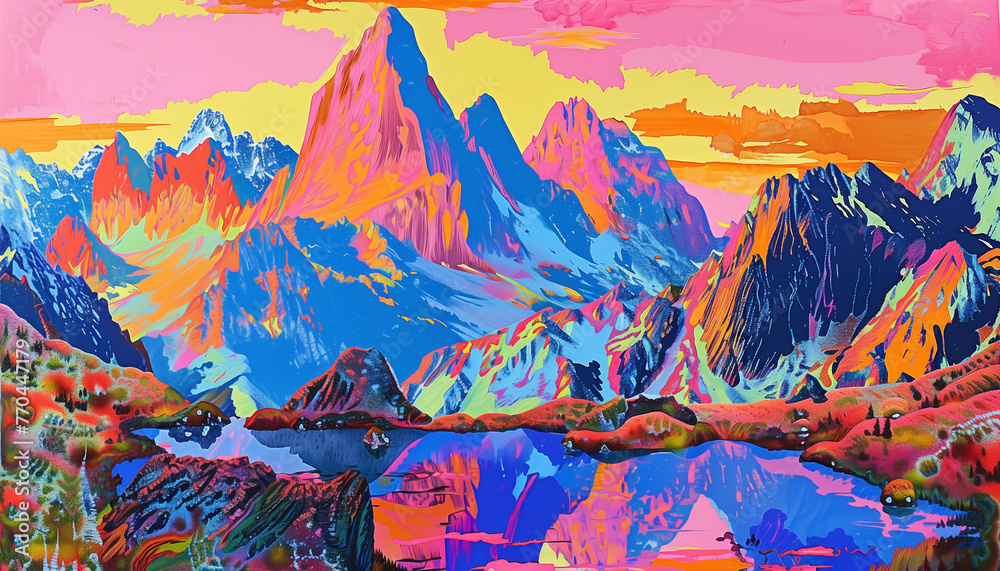Abstract colorful nature background. Mountain range with a river running through the valley. The sky is filled with clouds of illustration psychedelic style.