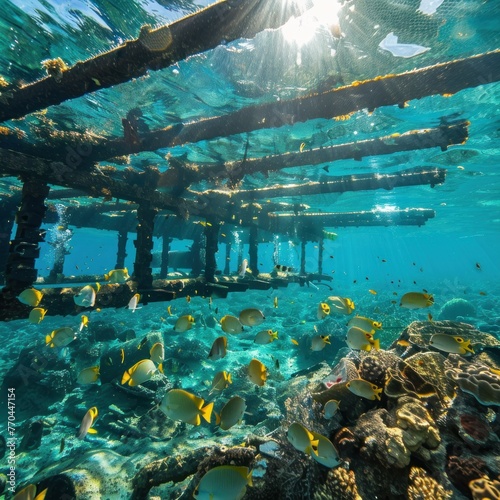 Underwater construction of a coral-friendly artificial reef, clear ocean, sunny day photo