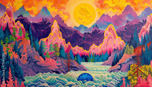 Abstract colorful nature background. Mountain range with a river running through the valley. The sky is filled with clouds of illustration psychedelic style. © Ton Photographer4289