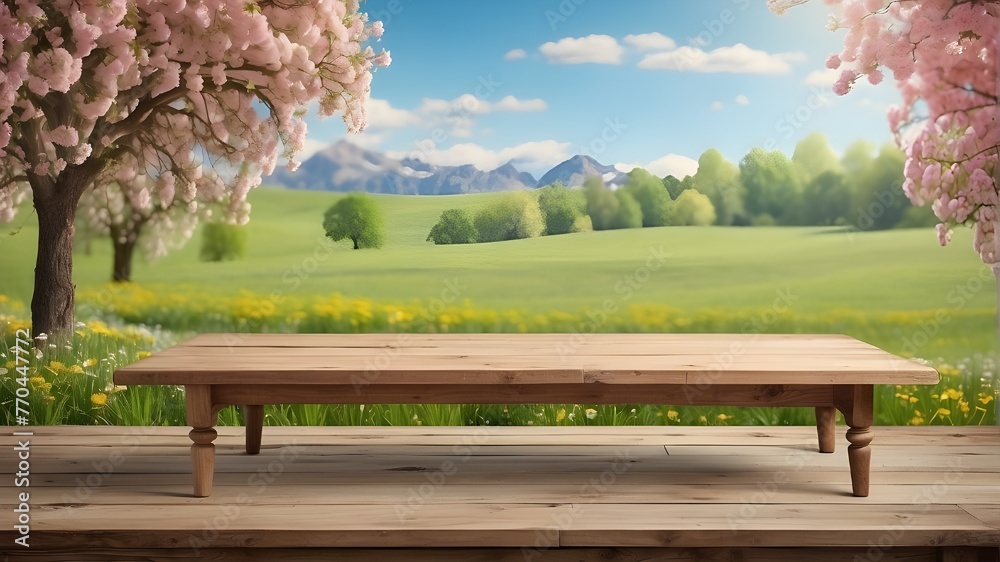 Lovely background of a springtime, verdant meadow with a vacant wooden table for displaying products Lovely background of a springtime, verdant meadow with a vacant wooden table for displaying products