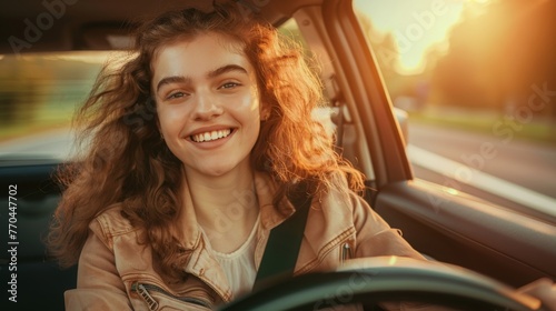 Close-up of a beautiful happy young curly-haired woman driving a car on a sunny day. Car purchase and rental, travel and vacation concepts.