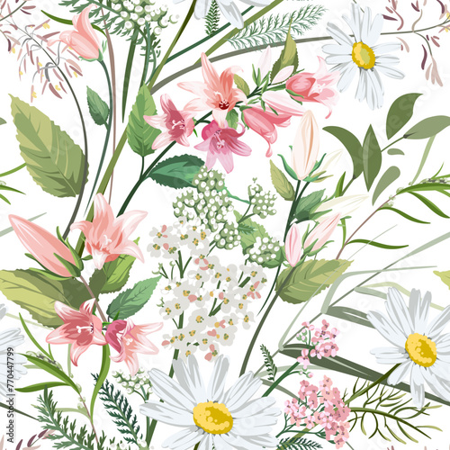 Seamless pattern with colorful flowers - Chamomilla, Campanula, Achillea Millefolium and grass isolated on white background. Hand-drawn illustrations of wildflowers. © Yulia Ogneva