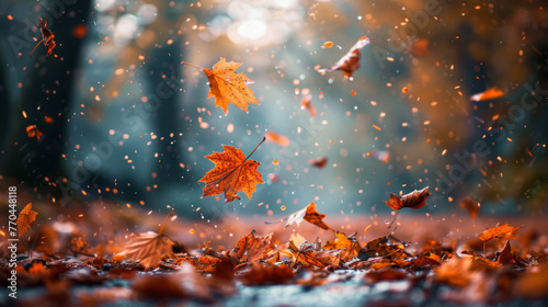 orange Autumn Leaves falling on ground, blue background photo