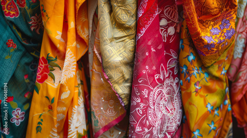 An array of colorful traditional sarees hanging, highlighting intricate patterns and rich cultural designs