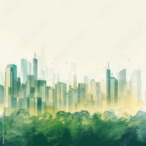 Smart city with green energy solutions, soft hues, text space above photo