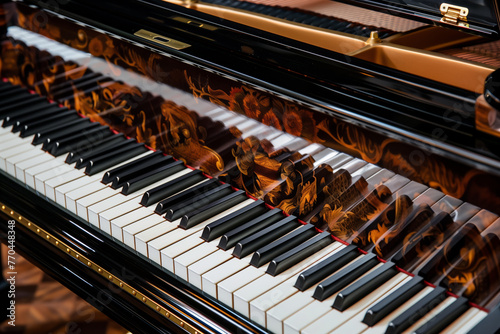 A piano’s polished wood and keys are captured, showcasing its design and musical artistry elegantly