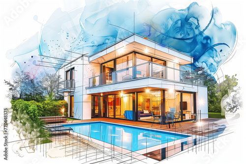 Illustration of a modern two-story house with a contemporary design with a swimming pool in front of the house