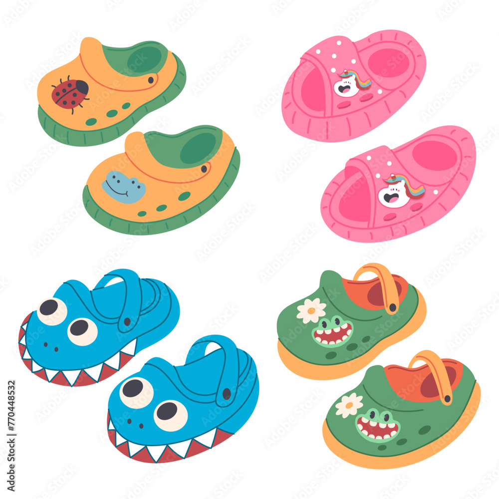 Summer baby shoes vector cartoon set isolated on a white background.