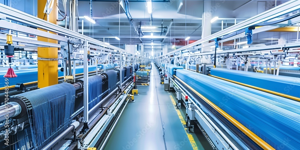 A factory with a blue conveyor belt A factory with a blue conveyor belt