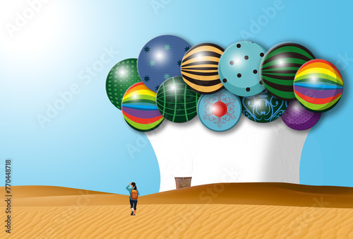 Travelers passing in front of buildings with various circular roofs (in dreams)