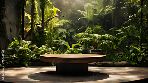 lush tropical greenery with small wooden table and lush green plants
