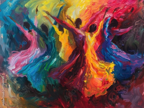 An energetic oil painting of dancers in motion with flowing dresses rendered in bright