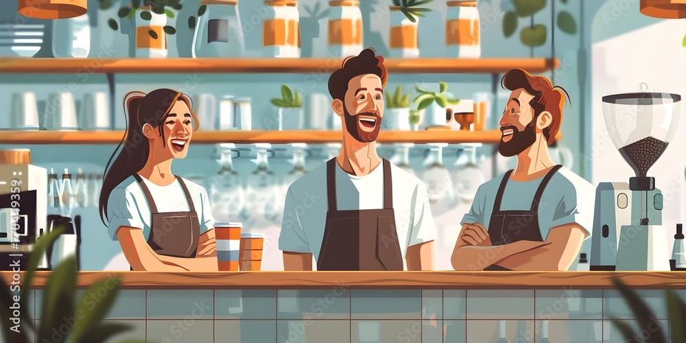 Smiling Baristas Serving Regulars in a Vibrant Coffee Shop Smiling Baristas Serving Regulars in a Vibrant Coffee Shop