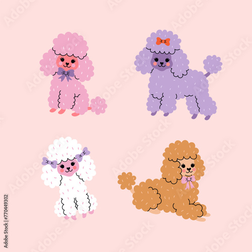 Set of cute colorful poodle dogs. Vector graphics.