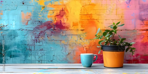 Vibrant Mural Art Adorns Cafe Exterior with Colorful Street Style © Thares2020