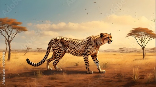 Cheetah hunting in a savanna, digital artwork
