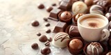 Delectable Assortment of Gourmet Chocolates Complementing a Steaming Cup of Coffee on a Rustic Background