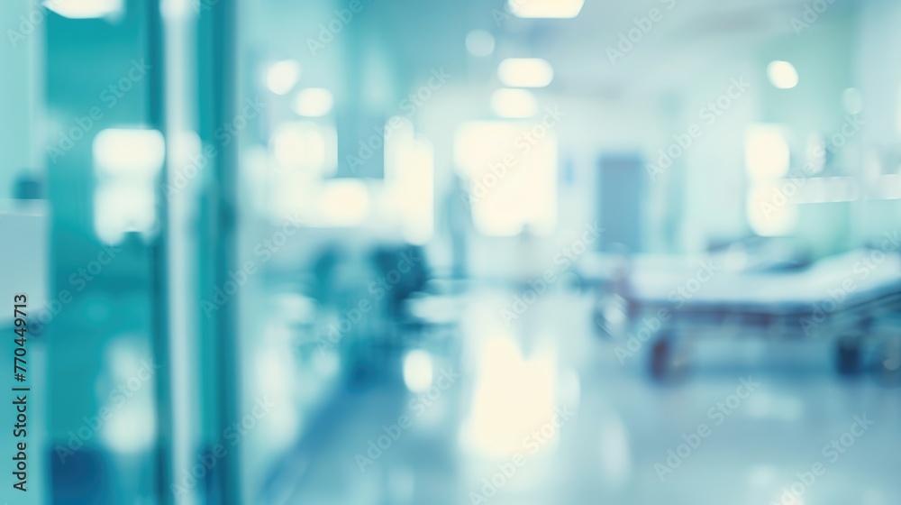 Empty corridor of the clinic. Hospital abstract blur background. Medical pattern, mock up for text or logo. Clean space mockup for med office. Healthcare concept. Bright blue light. Empty corridor of the clinic. Hospital abstract blur background. Medical pattern, mock up for text or logo. Clean space mockup for med office. Healthcare concept. Bright blue light.