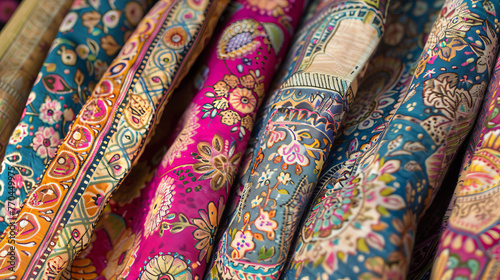 Close-up image showing a colorful stack of textiles with intricate patterns and designs, showcasing the beauty of fabric prints