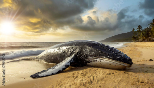 Close-up of a huge dead humpback whale beached on a sandy beach on the sea shore, dramatic sky with clouds at sunset or sunrise. Endangered species concept. Generative Ai.