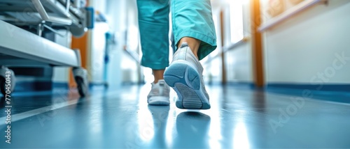 Doctor walks along the corridor of the clinic. Hospital background. Medical healthcare concept. Med office. Nurse rushes to help a patient. Ground level view. Legs close up.